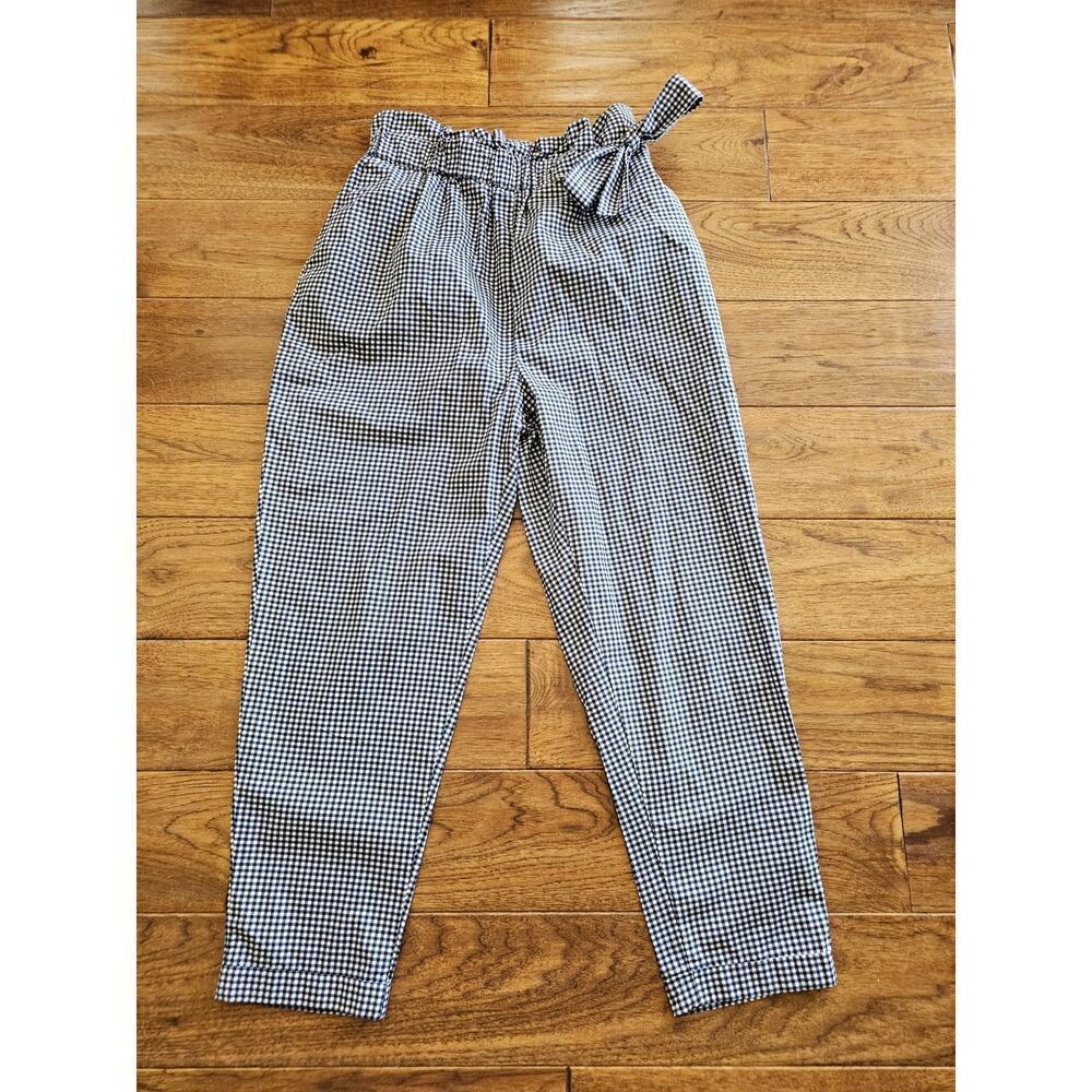 Zara Basic Blue & White Gingham High Rise Paperbag Tie Waist Trouser. Size S